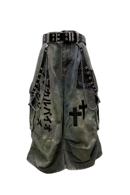 Y2K Distressed Cargo Jeans – Gothic Chain Shorts Unisex