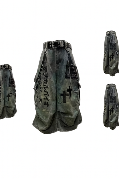 Y2K Distressed Cargo Jeans – Gothic Chain Shorts Unisex
