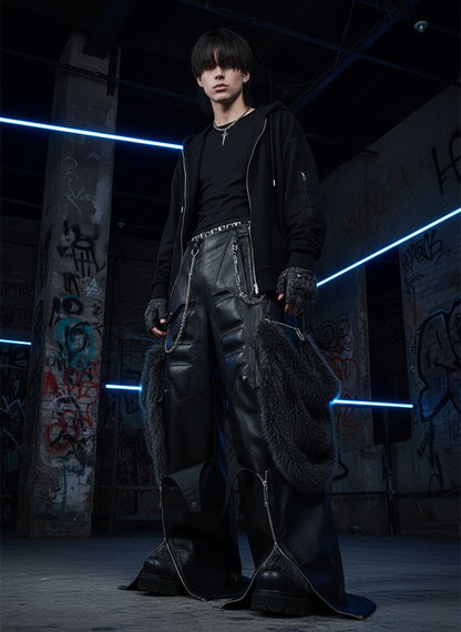 Men’s Black PU Leather Cargo Pants – Wide Leg Streetwear 2025 🖤