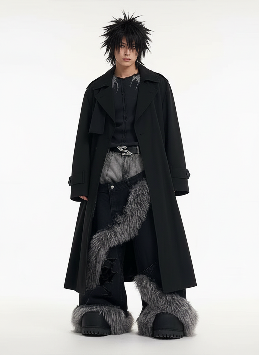 High End Denim Jeans Men in Winter Fake Two Piece Double Waisted Fur Patchwork Ripped Floor Denim Streetwear Pants