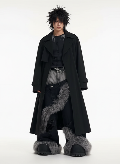 High End Denim Jeans Men in Winter Fake Two Piece Double Waisted Fur Patchwork Ripped Floor Denim Streetwear Pants