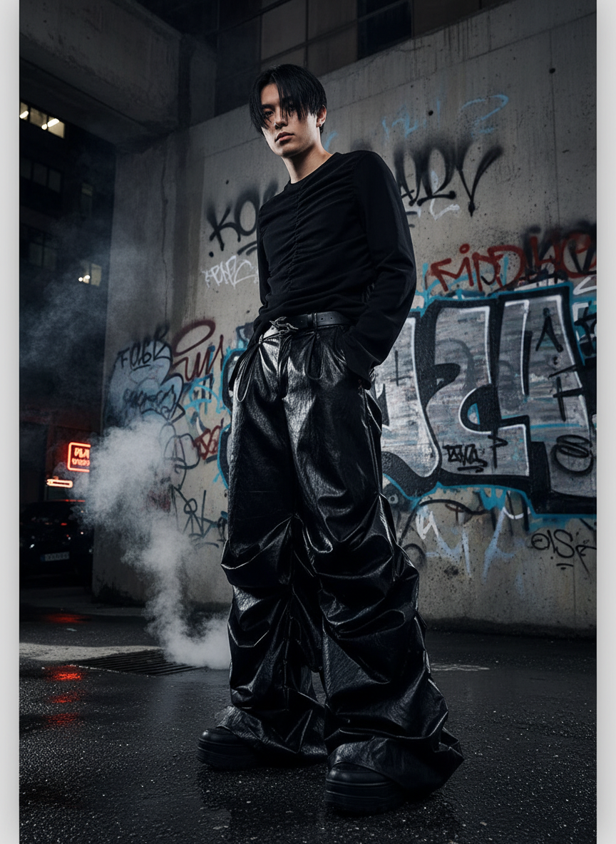 Men’s Black PU Leather Stacked Pants – Luxury Streetwear 2025 🖤