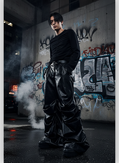Men’s Black PU Leather Stacked Pants – Luxury Streetwear 2025 🖤