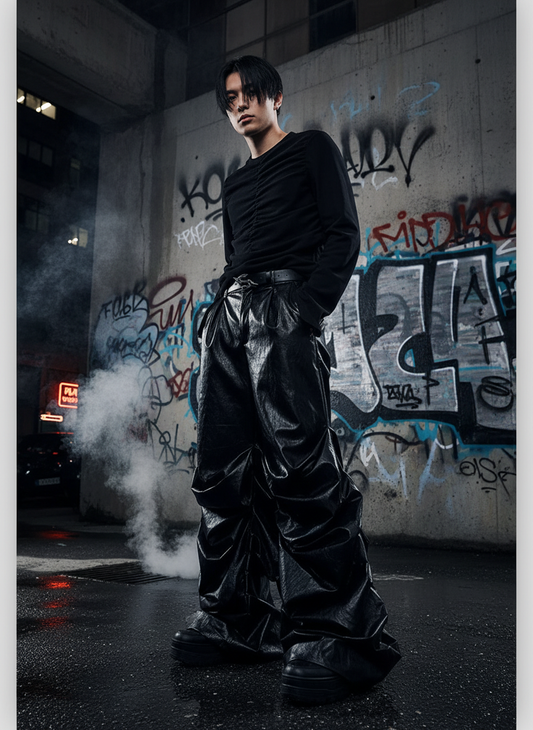 Men’s Black PU Leather Stacked Pants – Luxury Streetwear 2025 🖤