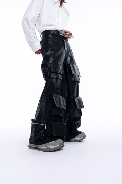“Dark PU Leather Cargo Pants – Wide-Leg Designer Fit with 3D Pockets | Emo Streetwear Edition”