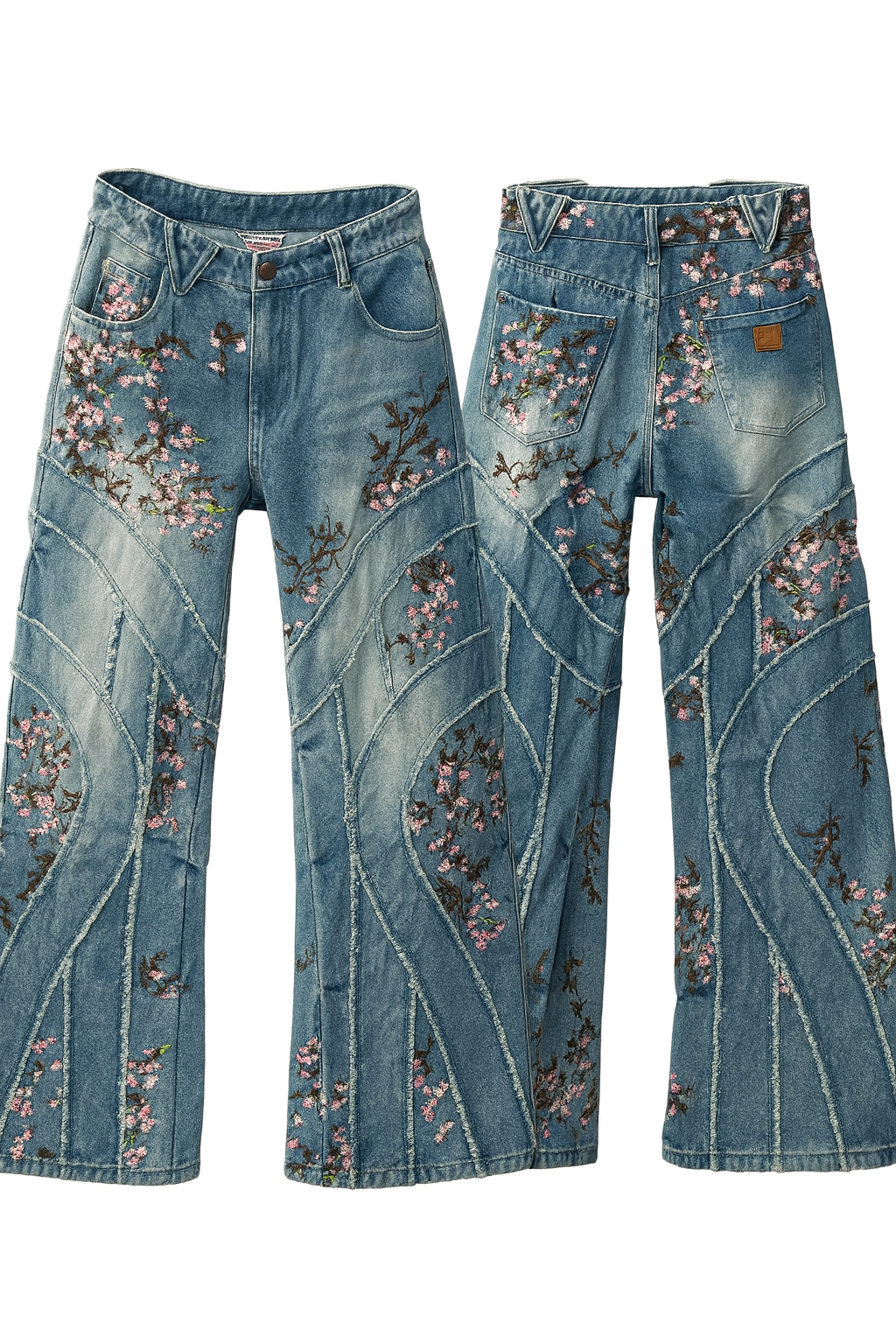 🌸 Harajuku Sakura Embroidered Wide-Leg Denim Pants | Vintage Cherry Blossom Streetwear for Men & Women