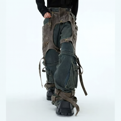 🇬🇧 Dark Deconstructed Jeans – Patchwork PU Leather Wide-Leg Pants