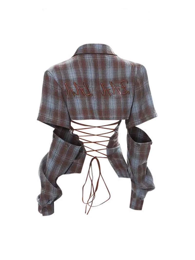 Distressed Plaid Lace-Up Crop Shirt