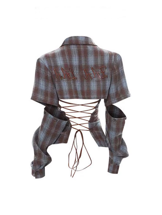 Distressed Plaid Lace-Up Crop Shirt
