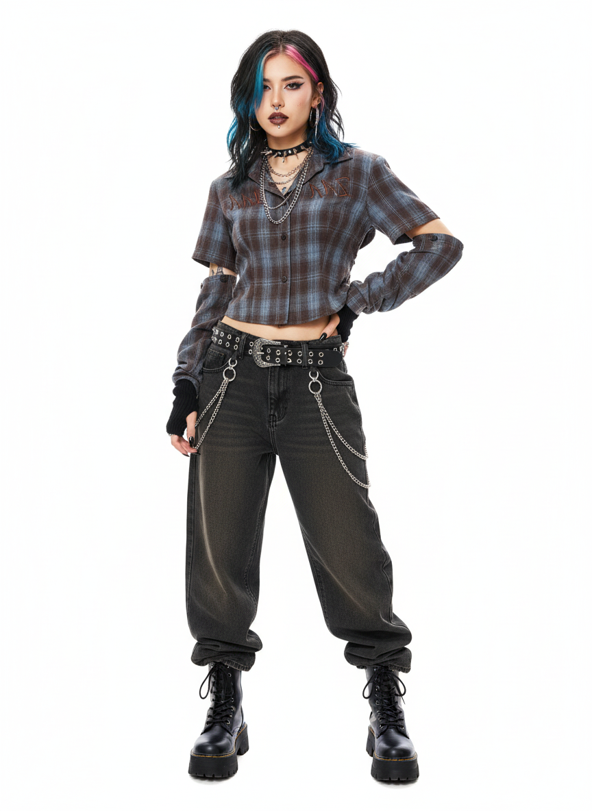 Distressed Plaid Lace-Up Crop Shirt