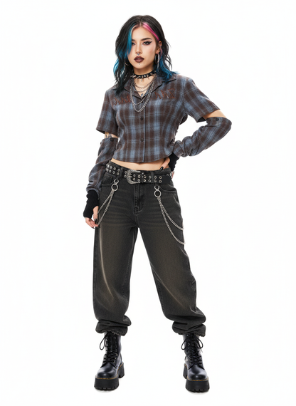 Distressed Plaid Lace-Up Crop Shirt