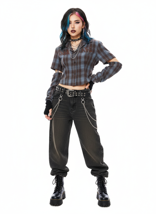 Distressed Plaid Lace-Up Crop Shirt