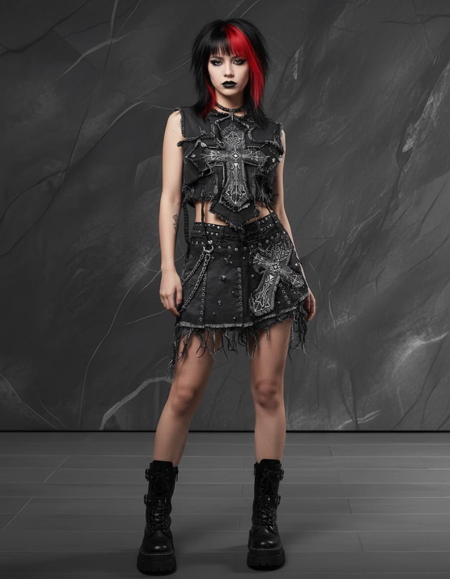 🖤 Gothic Cross Denim Set — Y2K Rebel Two-Piece Outfit ✝️