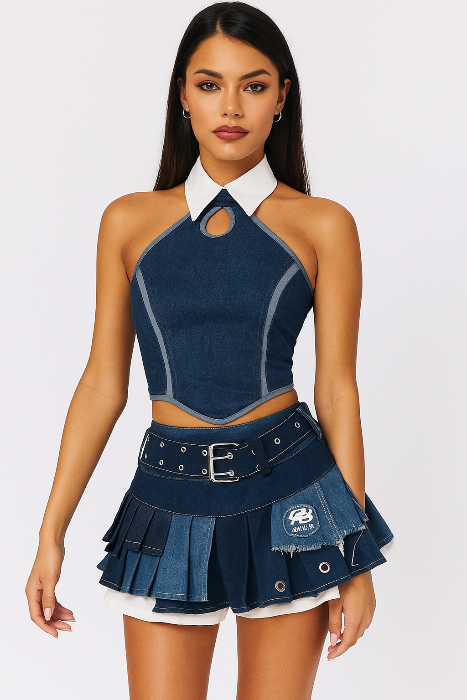 💙 Y2K Denim Dream Mini Skirt Set — Sweet, Cool & Punk Vibes 🖤