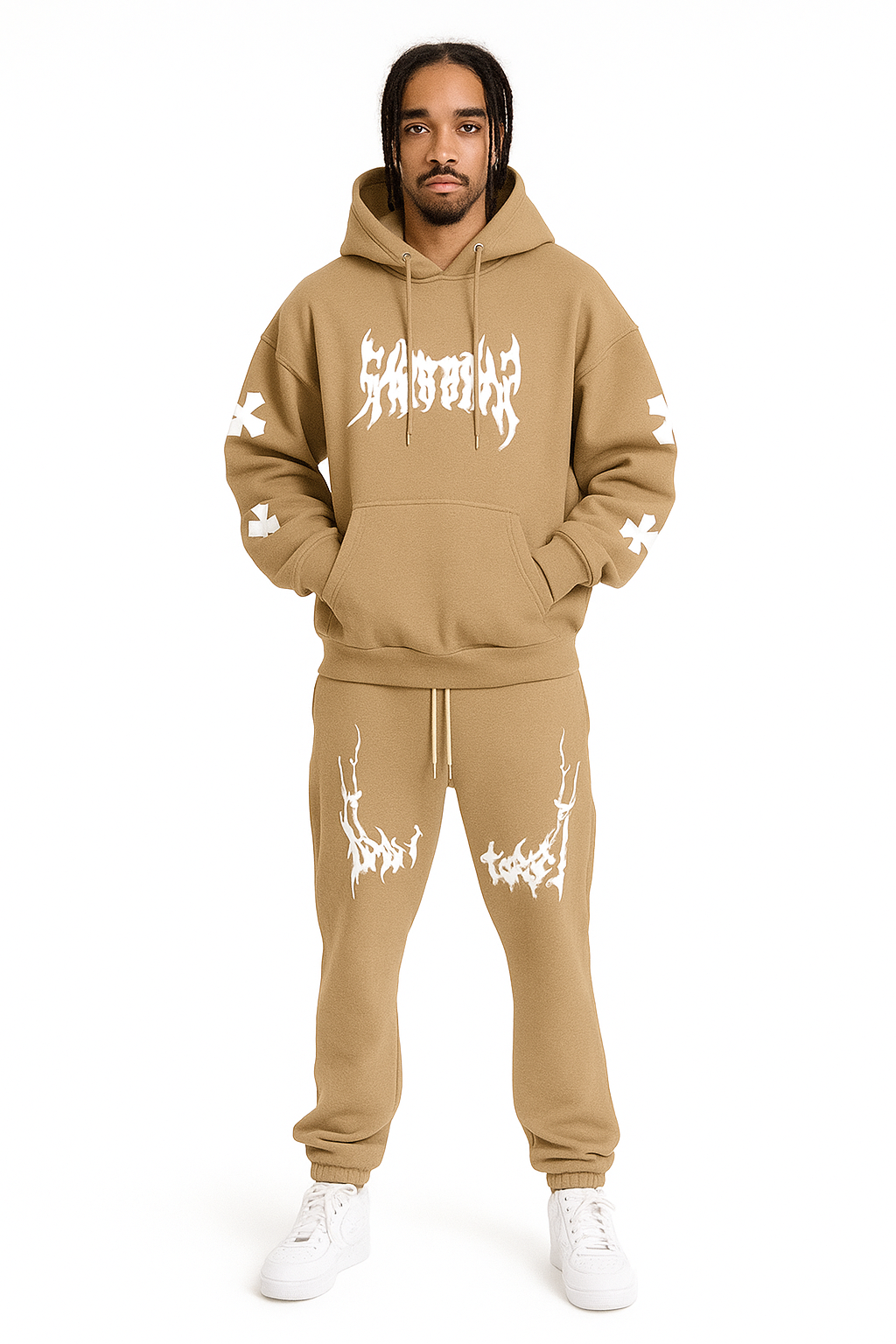 Men’s Black Hoodie & Pants Set – American Streetwear with Lightning Cross Print | Casual 2-Piece Tracksuit