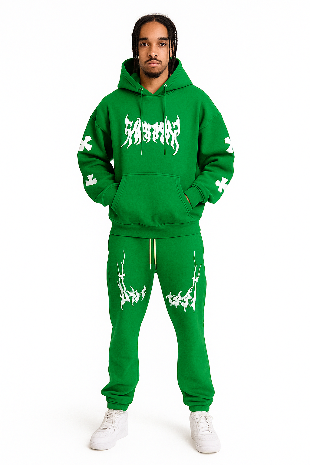 Men’s Black Hoodie & Pants Set – American Streetwear with Lightning Cross Print | Casual 2-Piece Tracksuit