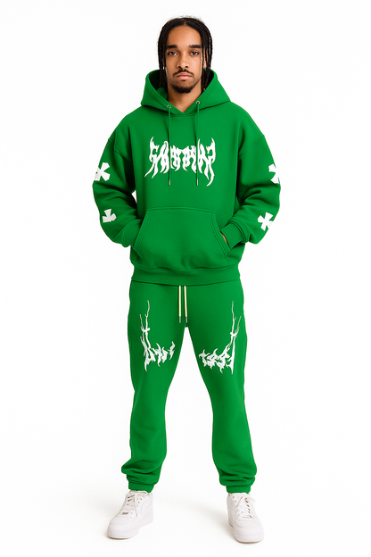 Men’s Black Hoodie & Pants Set – American Streetwear with Lightning Cross Print | Casual 2-Piece Tracksuit