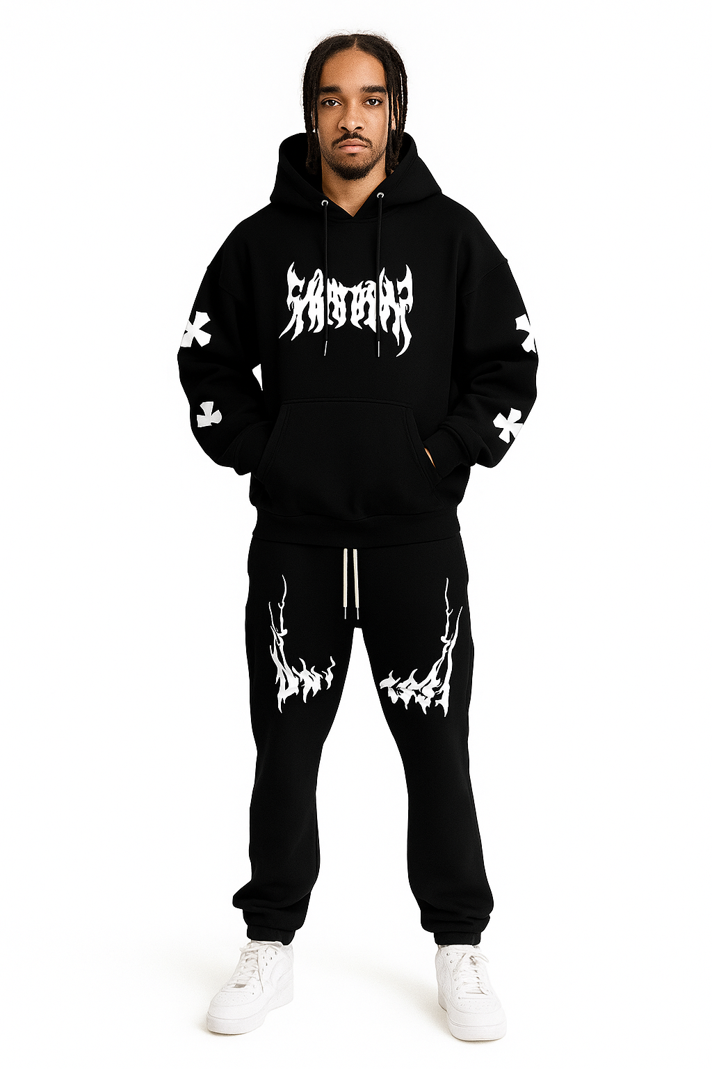 Men’s Black Hoodie & Pants Set – American Streetwear with Lightning Cross Print | Casual 2-Piece Tracksuit