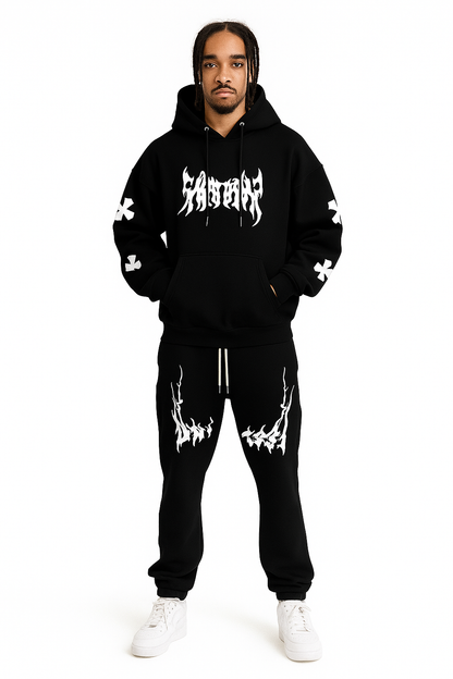 Men’s Black Hoodie & Pants Set – American Streetwear with Lightning Cross Print | Casual 2-Piece Tracksuit