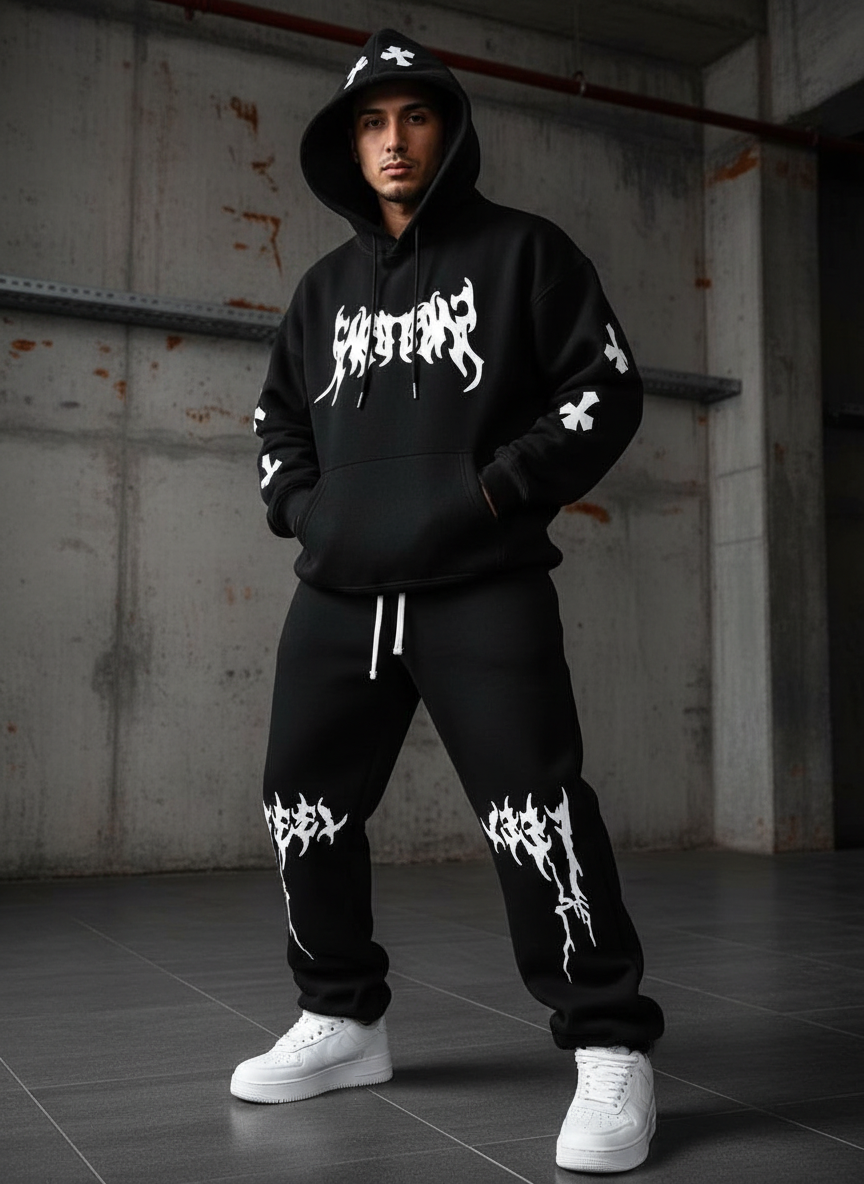Men’s Black Hoodie & Pants Set – American Streetwear with Lightning Cross Print | Casual 2-Piece Tracksuit