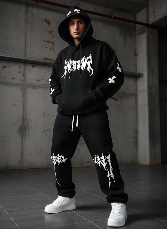 Men’s Black Hoodie & Pants Set – American Streetwear with Lightning Cross Print | Casual 2-Piece Tracksuit