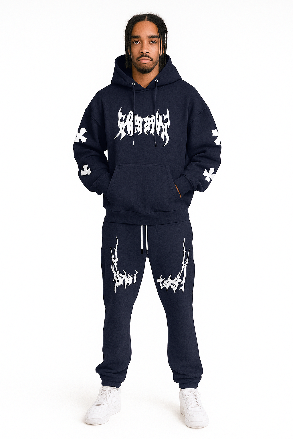 Men’s Black Hoodie & Pants Set – American Streetwear with Lightning Cross Print | Casual 2-Piece Tracksuit
