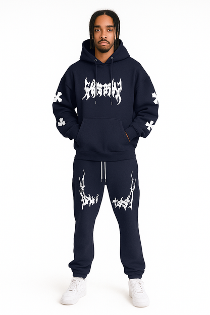 Men’s Black Hoodie & Pants Set – American Streetwear with Lightning Cross Print | Casual 2-Piece Tracksuit