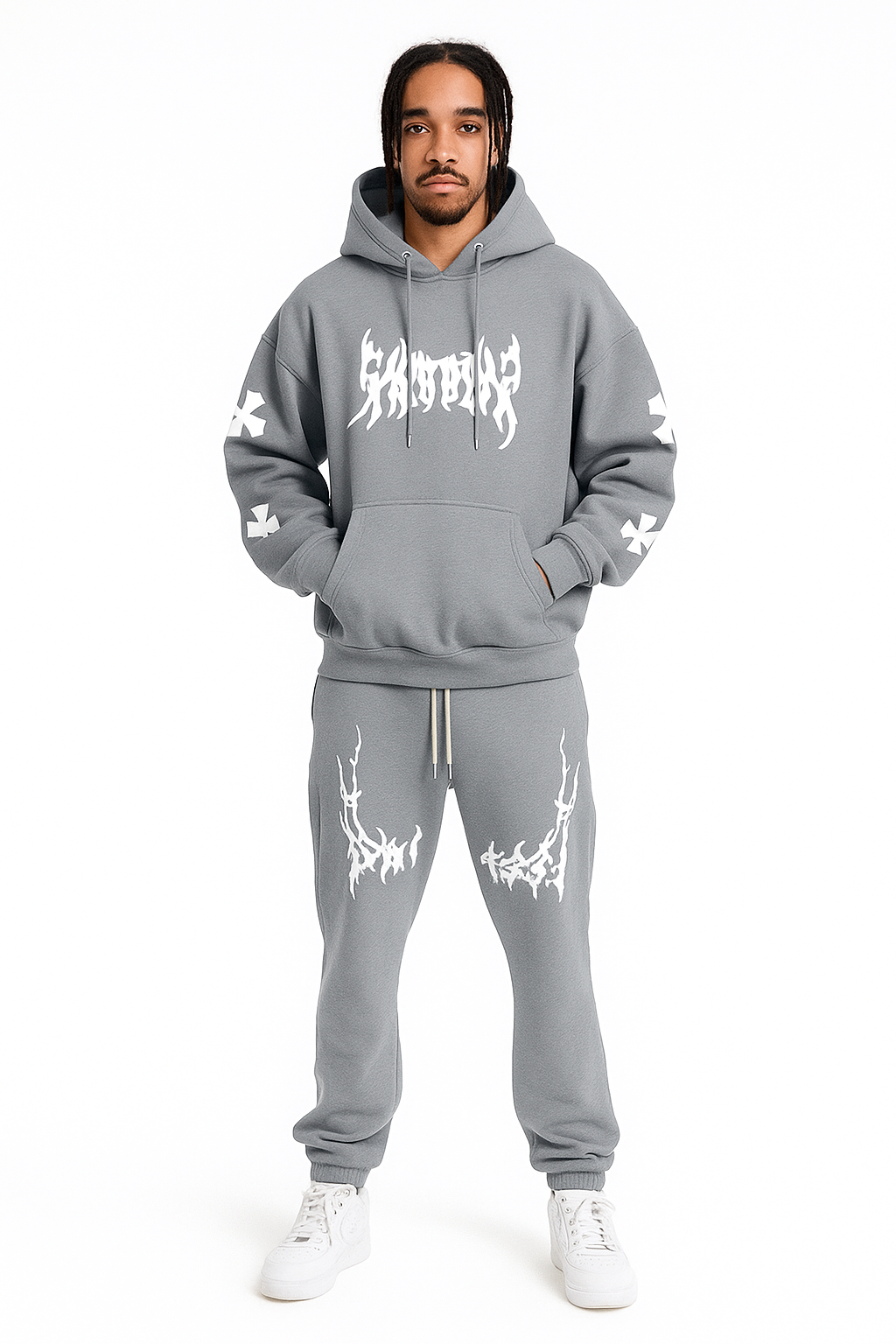 Men’s Black Hoodie & Pants Set – American Streetwear with Lightning Cross Print | Casual 2-Piece Tracksuit