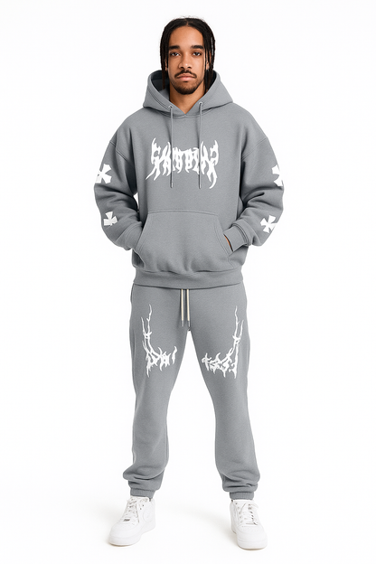 Men’s Black Hoodie & Pants Set – American Streetwear with Lightning Cross Print | Casual 2-Piece Tracksuit