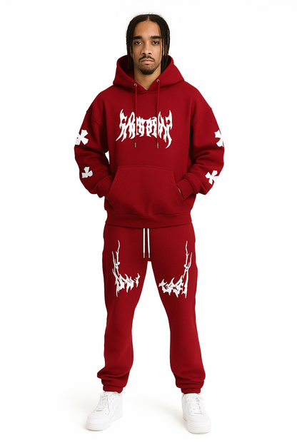 Men’s Black Hoodie & Pants Set – American Streetwear with Lightning Cross Print | Casual 2-Piece Tracksuit