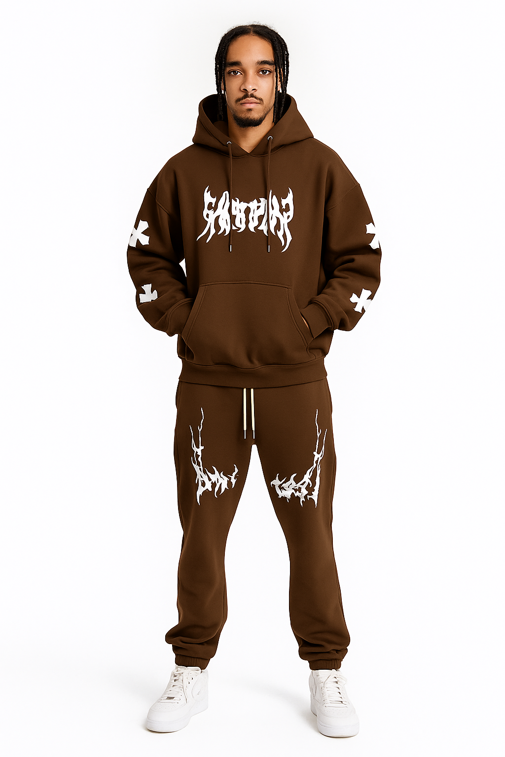 Men’s Black Hoodie & Pants Set – American Streetwear with Lightning Cross Print | Casual 2-Piece Tracksuit