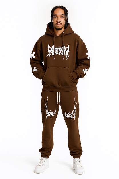 Men’s Black Hoodie & Pants Set – American Streetwear with Lightning Cross Print | Casual 2-Piece Tracksuit