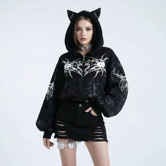 🕷️ Black Gothic Spider-Web Cropped Hoodie | Dark Streetwear 🖤