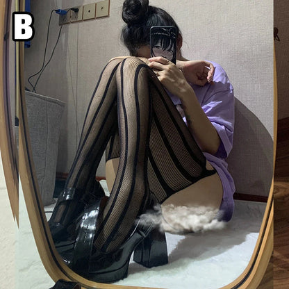 Gothic Dark Long Sexy Fishnet Stockings Women Harajuku Emo Alternative Mesh Tights Lingerie Skin Thigh High Garters Hosiery