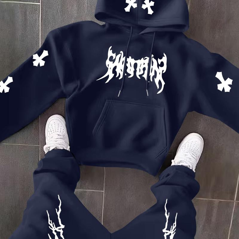 Men’s Black Hoodie & Pants Set – American Streetwear with Lightning Cross Print | Casual 2-Piece Tracksuit