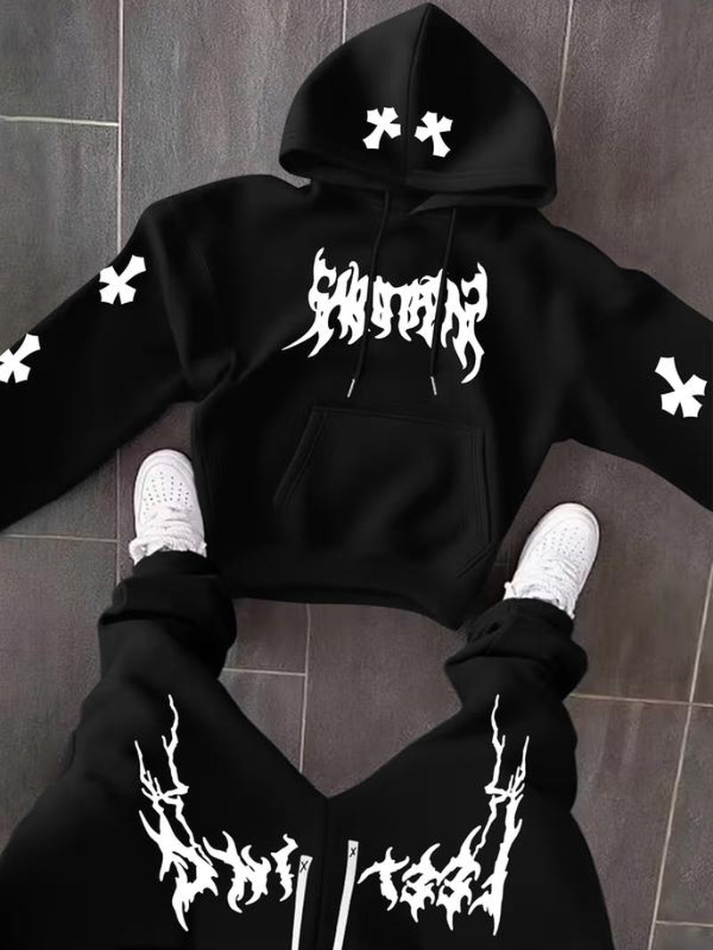 Men’s Black Hoodie & Pants Set – American Streetwear with Lightning Cross Print | Casual 2-Piece Tracksuit