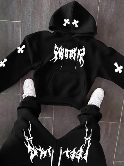 Men’s Black Hoodie & Pants Set – American Streetwear with Lightning Cross Print | Casual 2-Piece Tracksuit