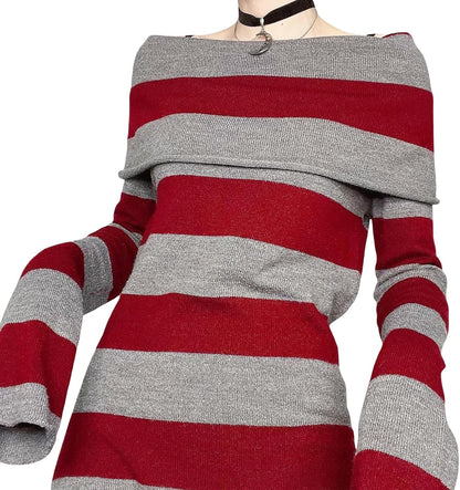 🖤 Y2K Striped Off-Shoulder Sweater Dress — Grunge & Emo Vibes 🔥