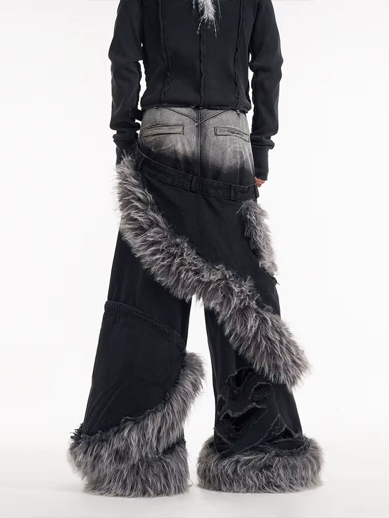 High End Denim Jeans Men in Winter Fake Two Piece Double Waisted Fur Patchwork Ripped Floor Denim Streetwear Pants