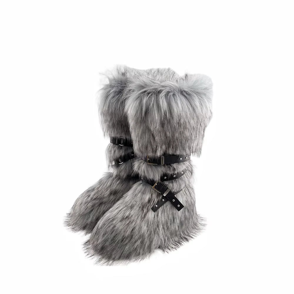 Luxury Faux Fur Knee-High Boots – Belt Buckle, Slip-On Winter Warm Fashion