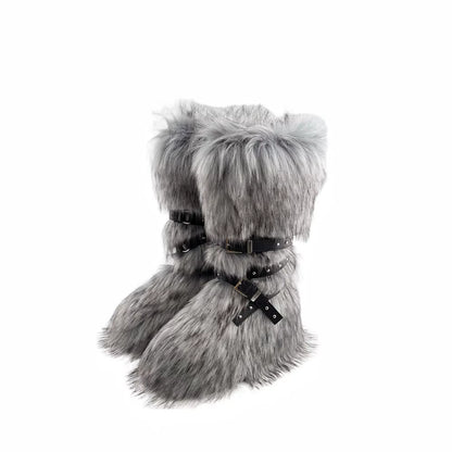 Luxury Faux Fur Knee-High Boots – Belt Buckle, Slip-On Winter Warm Fashion