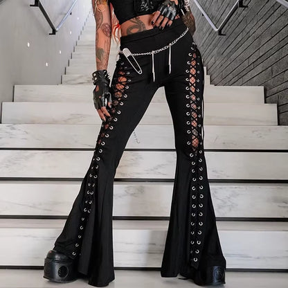 Grunge Streetwear Black Bandage Trousers Cyber Gothic Punk Hollow Out Flare Pants Women Emo High Waist Sexy Alt Bottom