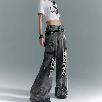 Women’s Lace-Up Ripped Denim Pants – Punk Retro Style