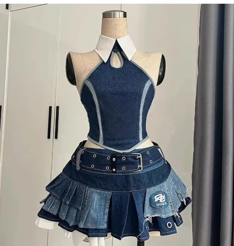 💙 Y2K Denim Dream Mini Skirt Set — Sweet, Cool & Punk Vibes 🖤