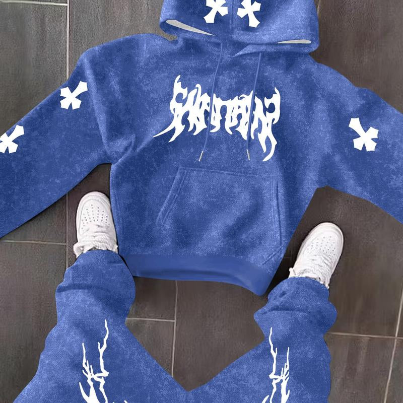 Men’s Black Hoodie & Pants Set – American Streetwear with Lightning Cross Print | Casual 2-Piece Tracksuit