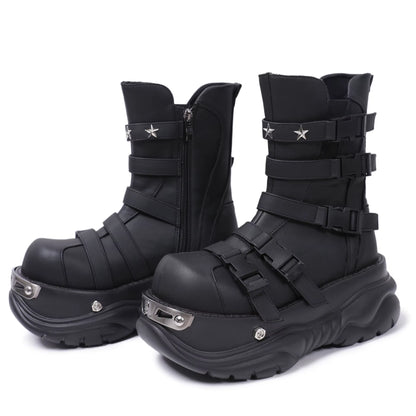 Original Gothic Platform Boots – Women’s Punk Metal Elevator Ankle Shoes, Cool Motorcycle Style