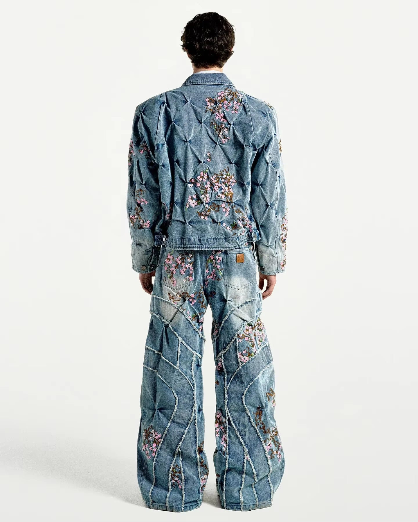 🌸 Harajuku Sakura Embroidered Wide-Leg Denim Pants | Vintage Cherry Blossom Streetwear for Men & Women