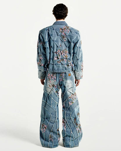 🌸 Harajuku Sakura Embroidered Wide-Leg Denim Pants | Vintage Cherry Blossom Streetwear for Men & Women