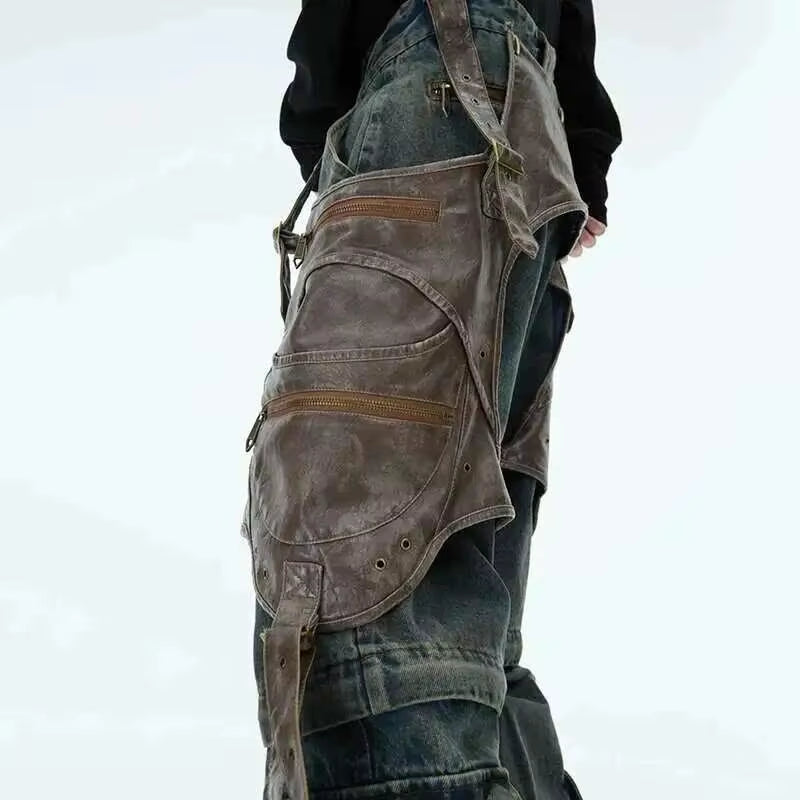 🇬🇧 Dark Deconstructed Jeans – Patchwork PU Leather Wide-Leg Pants