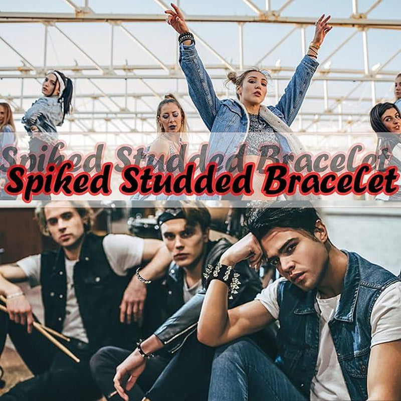 “Dark Punk Bracelet Set 🖤 6-Piece Spiked Leather Cuffs”